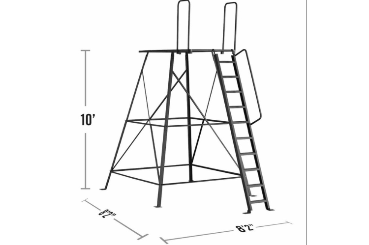 Muddy Elevated hunting box blind made of steel, showcasing a large deer stand with a ladder and a cracked mud camouflage design.