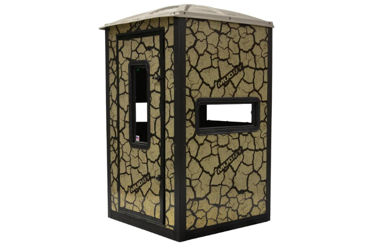 A Muddy Gunner box deer hunting blind with cracked mud camouflage and a sturdy steel 5 ft. tower.