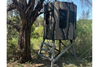 An elevated hunting blind from Banks Outdoors named The Stump for bow hunter with tinted windows for outdoor and hunting enthusiast.