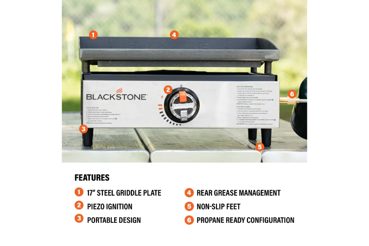 Blackstone 17" Tabletop Griddle 2142, portable Blackstone tabletop griddle perfect for hunting trips and outdoor cooking, delivering even heat and easy cleanup