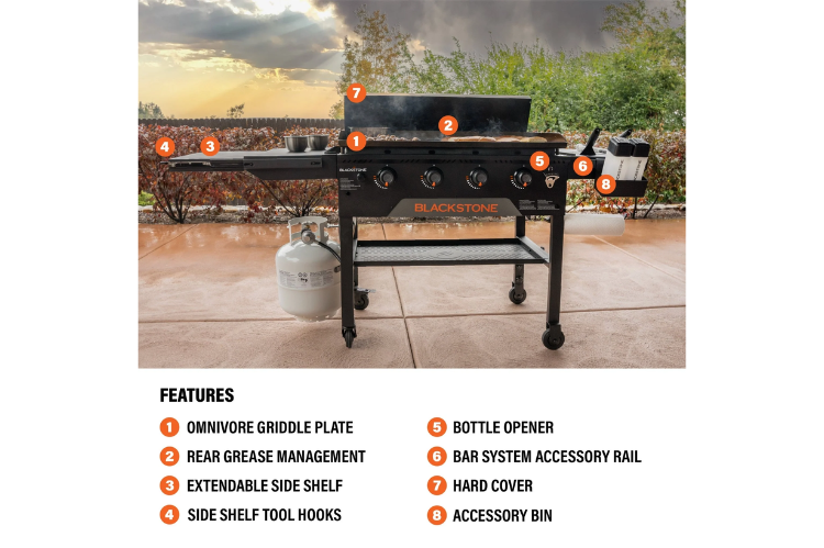 Blackstone 36" Omnivore Griddle 2212 with hard cover, durable Blackstone griddle station designed for even heat and outdoor cooking