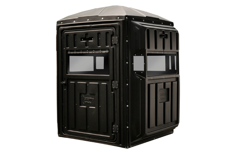 Two-person ground blind for whitetail and turkey hunting with advanced concealment features.