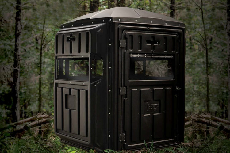 Two-person ground blind for whitetail and turkey hunting with advanced concealment features.